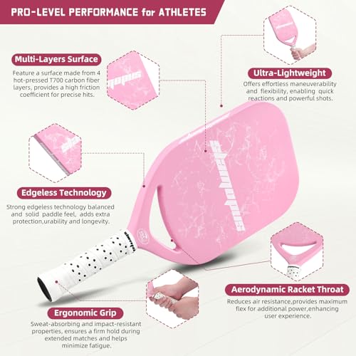 Slamopus Pro Pickleball Paddle| T700 Carbon Fiber Pickleball Paddles with 16mm Polymer Honeycomb Core & Overgrips| Premium Pickle Ball Racket Enhanced Control & Spin & Power| USAPA Approved（Pink）