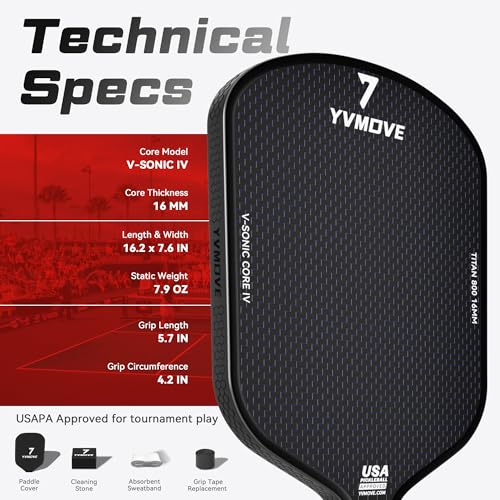 Pickleball Paddles for Advanced Players | Control & Power | Ti-Carbon Hybrid Face | V-Sonic III Kinetic Core 16MM | Large Sweet Spot | Mid-Weight | Extended Grip | USAPA (Titan800 TiCarbon)