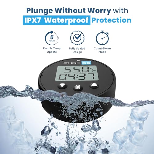Pure55 PlungeGauge 3-in-1 Cold Plunge Thermometer with Clock & Timer - Ice Bath Water Thermometer with Easy 3-Button Control - Floating Design & IPX7 Waterproof with Audible Beep & LED Indicators
