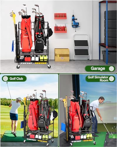 FHXZH Golf Bag Storage Garage Organizer - Golf Bag Stand Fit for 2 Bag, Extra Clubs, Balls, Shoes, and Golf Equipment Accessories, Golf Storage Rack for Garage, Club, Shed (2 Golf Bag Rack)
