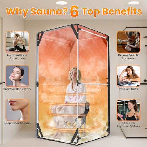 Portable Sauna for Home, Upgraded Personal Steam Sauna Box with 3L 1300W Steamer, Folding Chair, Extra Large Size Foldable Home Sauna 3’X 3’X 5.9’, Full Body Sauna Tent for Relaxation Spa, Black
