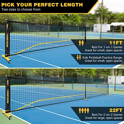 Portable Pickleball Net Set with Wheels, Regulation Size 22 FT & Half Court 11 FT, Steady Metal Frame Pickle Ball Net Set System with Carry Bag for Backyards, Driveways, and Garages (Black&Yellow)