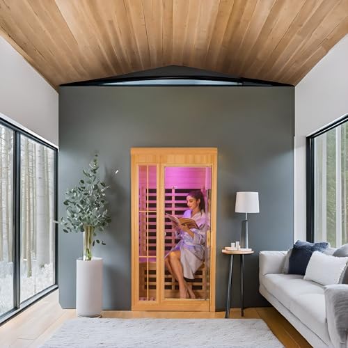 Kanlanth 1-2 Person Infrared Sauna, Hemlock Wood Low EMF Far Infrared Saunas for Home, APP Control 1350w Indoor Personal Sauna Room with Blue-Tooth, 7 Color Therapy Light, 7 Heating Panels