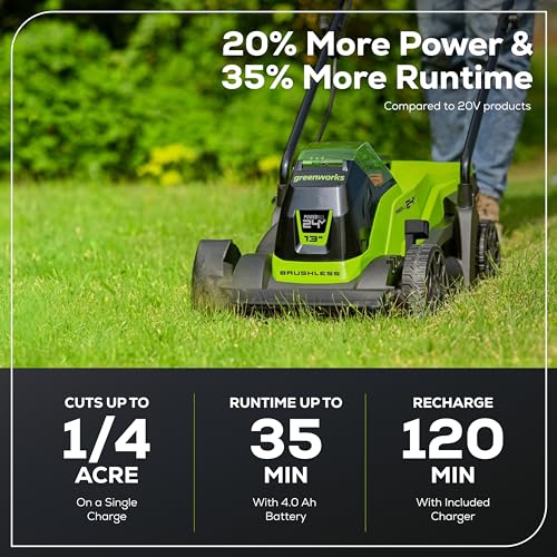 Greenworks 24V 13“ Brushless Cordless Lawn Mower with 4.0Ah Battery & Charger,Maintenance-Free Push Mower with 2-in-1 Mulch/Bag,