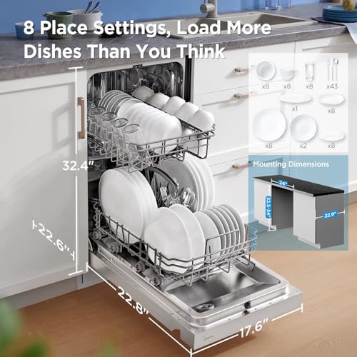 Midea MDF18A1AWW Built-in Dishwasher with 8 Place Settings, 6 Washing Programs, Stainless Steel Tub, Heated Dry, Energy Star, White