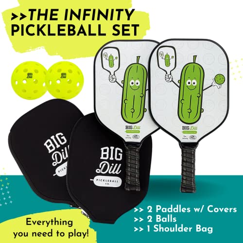 Big Dill Pickleball Infinity Pickleball Paddles Set of 2 USAPA Approved Pickleball Paddle Set | 2 Fiberglass Paddles with Covers, 2 Outdoor Pickleball Balls & Bag for Pickle Ball Paddle Set