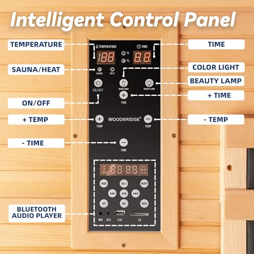 Woodbridge Infrared Home Sauna Room 2 Person Japanese Cedar Indoor Sauna with 7 Carbon Heaters, Red Light Therapy, Bluetooth Speaker, Intelligent Control Panel, Tempered Glass & Top Vent