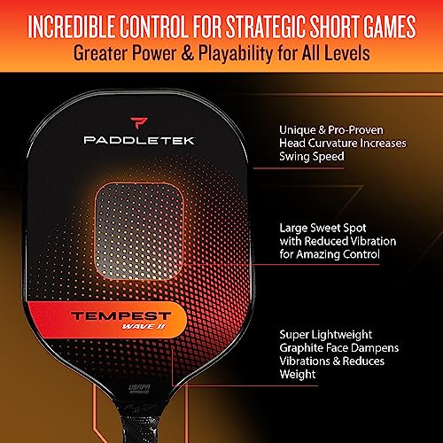 Paddletek Tempest Wave II Pickleball Paddle | Professional Pickleball Paddles with Honeycomb Core, Carbon Fiber Surface, Graphite PolyCore & High Tack Performance Grip | USAPA Approved