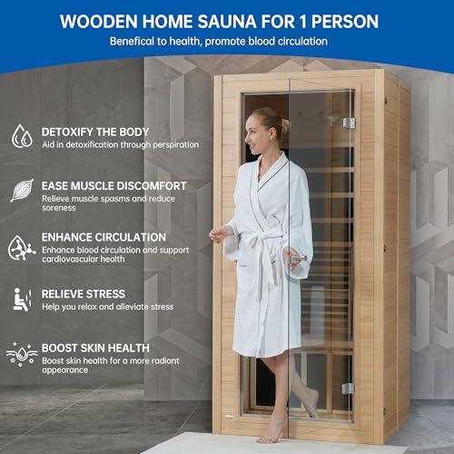 RESTISLAND Infrared Sauna Room for Home, Near Zero EMF Wooden 1 Person Indoor Home Sauna with Bluetooth, LCD Control Panel, Chromo Therapy Light