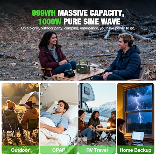 Portable Power Station 1000W (Peak 2000W), 999Wh Solar Generator, 110V Pure Sine Wave AC Outlet with PD 60W USB-C Fast Charging, Outdoor Camping RV Van Home Backup Off-Grid Living