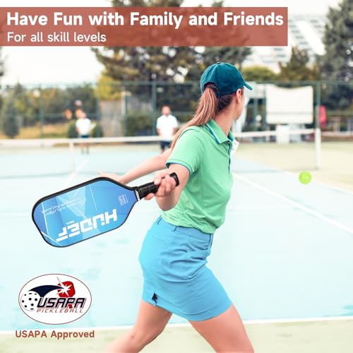 HUDEF Pickleball Paddle USAPA Approved, Lightweight Carbon Fiber Face and Polypropylene Honeycomb Core Pickleball Racket with Cover, Elongated Handle and Cushion Comfort Grip Pickle Ball Paddle Blue