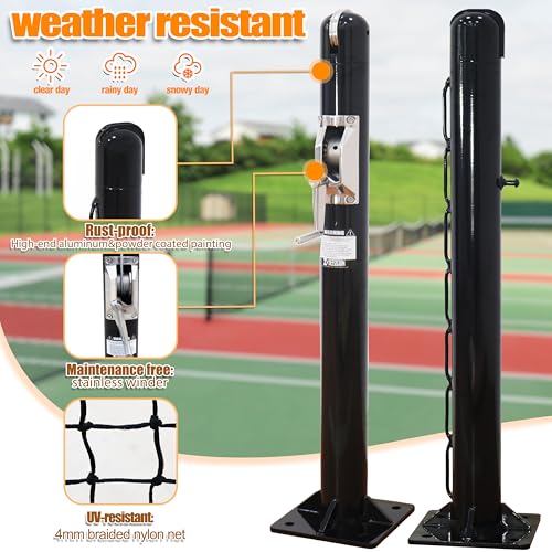 defulion-Premium Pickleball Net Posts, Heavy-Duty 4mm Aluminum Poles with Stainless Steel Internal Winder, Easy Permanent Flange Mount System,Regulation Net,Bring Arena to Your Backyard.