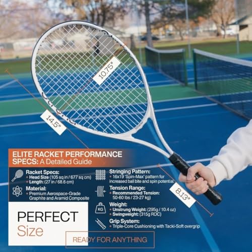 Strena 2-Player Tennis Racket Set - Aluminum Adult Racquets (27 Inch) with Carry Bag - Lightweight Recreational Starter Kit - Grip Size 4 1/4 - Black & White Split Design