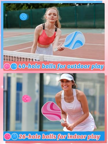 Cute Pickleball Set of 2 Paddles - Pink & Blue Lightweight Pickleball Rackets with 2 Indoor and 2 Outdoor Balls, 1 Portable Bag, for Beginner Youth Women Couple Gift