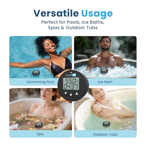 Pure55 PlungeGauge 3-in-1 Cold Plunge Thermometer with Clock & Timer - Ice Bath Water Thermometer with Easy 3-Button Control - Floating Design & IPX7 Waterproof with Audible Beep & LED Indicators