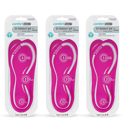 Comfort Zone Tri-Balance Gel Orthotic Insoles for Women, Non-Slip & Cushioned, Fits Well with Heel & Ball of Foot Supports, 3/4 Length Arch Support Inserts for Women, Sizes 6-10, 1 Pair, Pack of 3