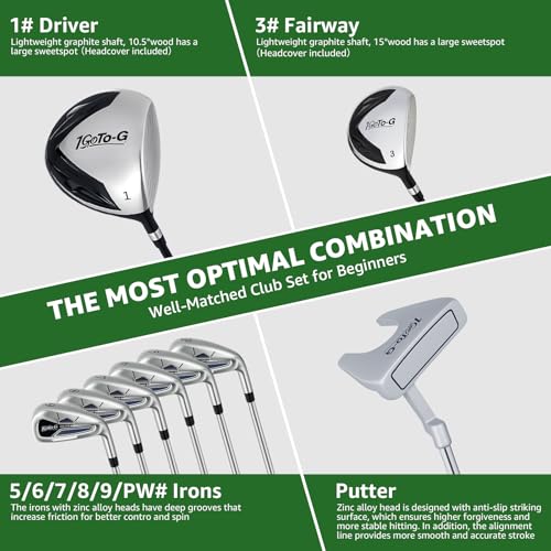 1GoTo-G Golf Clubs Set for Men, Complete Mens Golf Clubs Full Set Right Handed Includes Stand Bag with Rain Hood, 1#Driver 3#Wood 5# 6# 7# 8# 9# PW# Irons and Putter