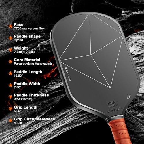 VUFOXT Pickleball Paddles, USAPA Approved T700 Raw Carbon Fiber Surface (CFS) High Spin 16MM PP Honeycomb Core