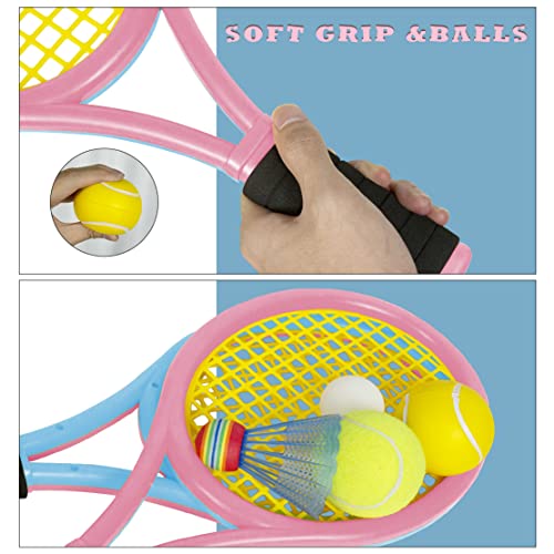 Kids Tennis Rackets with Carrying Bag,Soft Training Balls and Badminton Birdies,12 in 1 Tennis Racquets Gift Set for Children Outdoor Indoor Sports (Blue+Pink,Plastic,17inch)