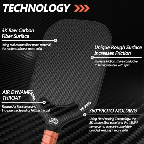 Pickleball Paddle, 3K Carbon Fiber Pickleball Paddle with Aero Throat, USA Pickleball Approved, 16MM Polypropylene Honeycomb Core, Textured Carbon Grit Surface