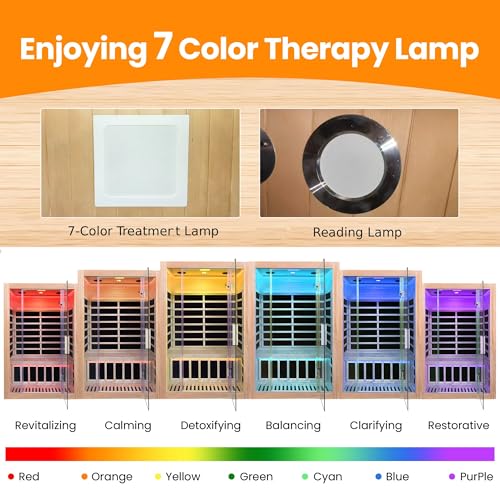 2 Person Infrared Sauna, Hemlock Wood Low EMF Infrared Saunas for Home, 1760w/120v Indoor Personal Sauna Room with Bluetooth, 7 Color Therapy Light, 7 Heating Panels