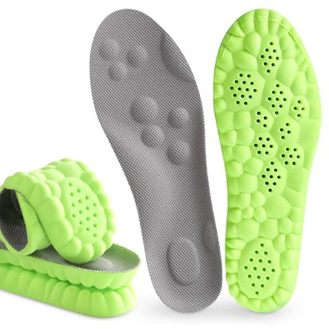 Pickleball Insoles, 4D Memory Foam Arch Support Inserts, Shock Absorbing, Anti-Slip Massage Support, Breathable Comfort for Walking & Sports(Green, Men 6-7/Women 8-9)