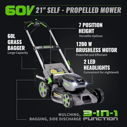NovorikX 60V Self-Propelled Lawn Mower 21-Inch, Brushless Cordless Mower for Large Yards, Electric with LED Headlight, 2X5.0Ah Battery & Rapid Charger