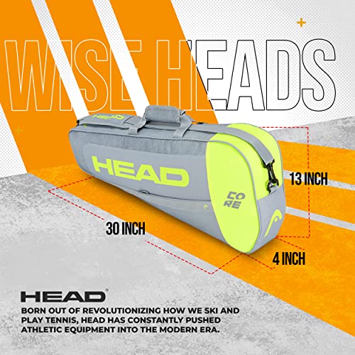 HEAD Core 3R Pro Tennis Racquet Bag, Holds 3 Racquets, Adjustable Strap, Grey/Yellow