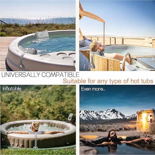 HUGABOW 2-Pack Large Pillow for Hot Tub (Grey), Spa, and Chaise Lounge - Universal Headrest & Neck Support Cushion, Adjustable Height with Long Strap, Easy Drying with Hook (2-Pack)