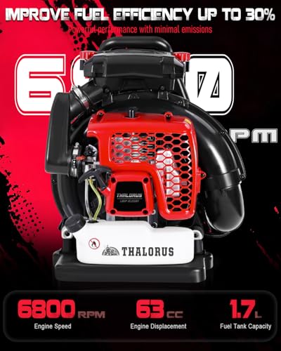 Thalorus 63CC Gas Backpack Leaf Blower, 2-Stroke, 665 CFM, 205 MPH, Variable Speed & Cruise Control, Ergonomic Harness, Reduced Emissions, for Fast Yard Cleanup (TR695 Pro)