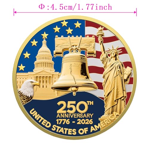 Upgrade 1.77-inch 250th Anniversary Commemorative Coins - Golden American Flag & Liberty Bell Design Collectible Coins, Durable Metal Anniversary Coins for Display, Collectors & Gift Idea (L-1PCS)