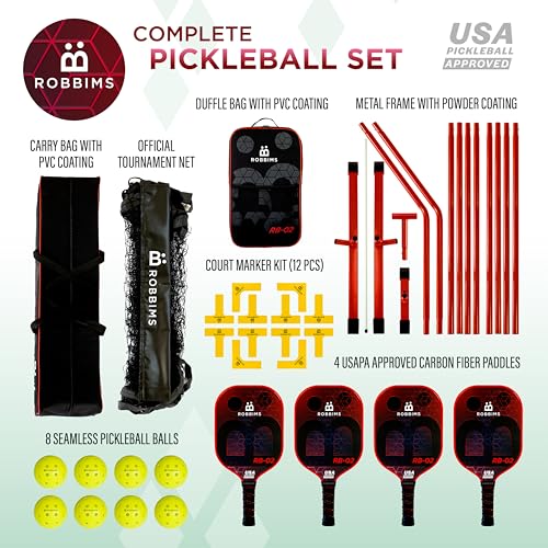 ROBBIMS Portable Pickleball Set with Net | 4 USAPA Approved Carbon Fiber Paddles, Duffle Bag, Regulation Size Pickleball Net System, Assembly Manual, 8 Outdoor Balls, Court Marker Kit and Carry Bag
