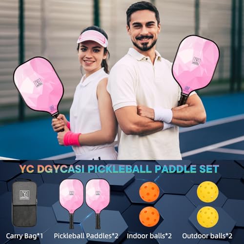 YC DGYCASI Pickleball Paddles Set of 2, 2026 USAPA Approved Fiberglass Pickleball Set, Lightweight Pickle Ball Rackets 2 Pack, 2 Outdoor Pickleball Balls, 2 Indoor Balls, 1 Bag, Pink