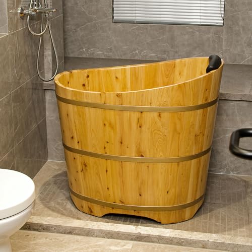JRYTIN 34 Inches Small Handcrafted Free Standing Wooden Bathtub, Portable Deep Soaking Tub for Relaxation, Natural Cedar Wood, Ideal for Home Spas and Bathroom Renovations, Perfect Hot Tub Option