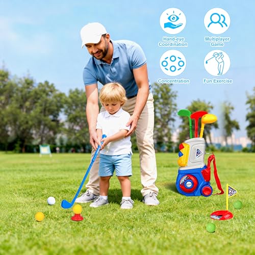 LPFG Toddler Golf Set, Kids Golf Set for Ages 1 2 3 4 5 Years Old Boys Girls with 4 Plastic Golf Clubs 10 Balls, Indoor Outdoor Baby Toddler Golf Clubs Set Toy with Cart Birthday Gifts Blue