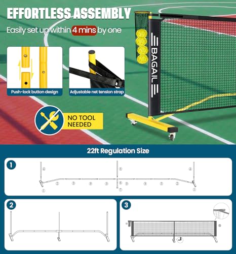 BAGAIL Portable Pickleball Net Set with Wheels, 22 FT Regulation Size & 11 FT Half Court Size 2-in-1 Pickle Ball Net with Ball Collector, Carry Bag, Easy Setup for Outdoor Indoor Driveway - Yellow
