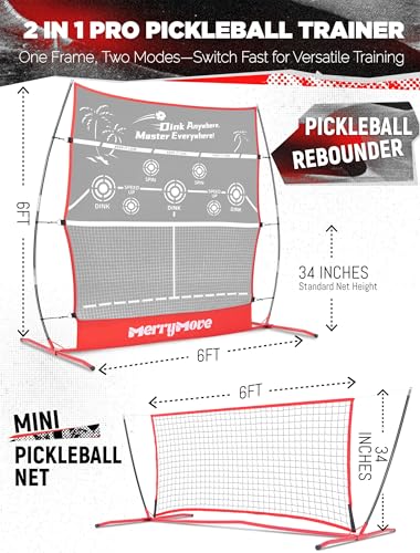 MerryMove Pickleball Practice Rebounder: 2in1 Pickle Ball Equipment for Solo Practice, Rebounder Training with Strategically Placed Targets, 6FT Mini Pickleball Net for Backyard, Driveway, and Garage