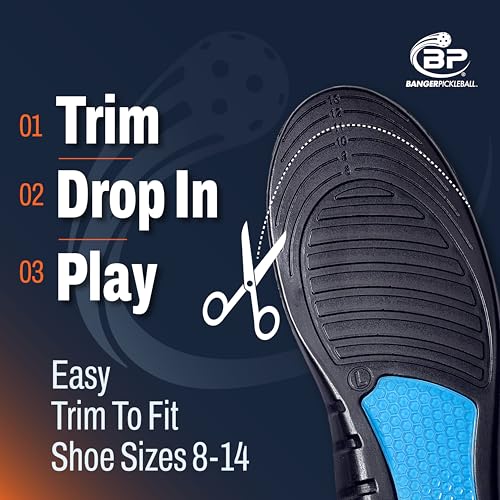 Banger CourtLoc Pickleball Insoles for Men – Low-Profile Arch Support Shoe Inserts, Lateral Stability & Plantar Fasciitis Relief Support – Trim-to-Fit, Moisture-Wicking Court Sport Insole (Men's)
