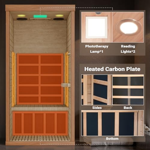 Polar Aurora 1- Person Infrared Sauna, Remotely Controllable Indoor Sauna, Low EMF 1200W/120V LCD Heater, WiFi & BT Control, 9-Color Light Therapy, Safe Flame-Retardant Material, Wood