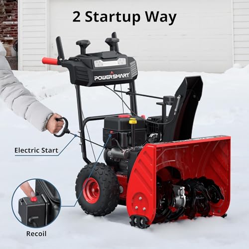 PowerSmart 24-Inch Self-Propelled Two-Stage Gas Snow Blower with 208cc B&S Engine, Electric Start, 13-Inch Snow Tires, Handle Warmer, and LED Lights