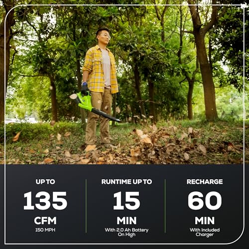 Greenworks 40V Leaf Blower/Sweeper, 150 MPH / 135 CFM, Lightweight, Quiet, with 2.0 Ah Battery and Charger, Perfect for Residential Lawn Care, Leaf Blowing Debris, Dust, Light Snow, and More