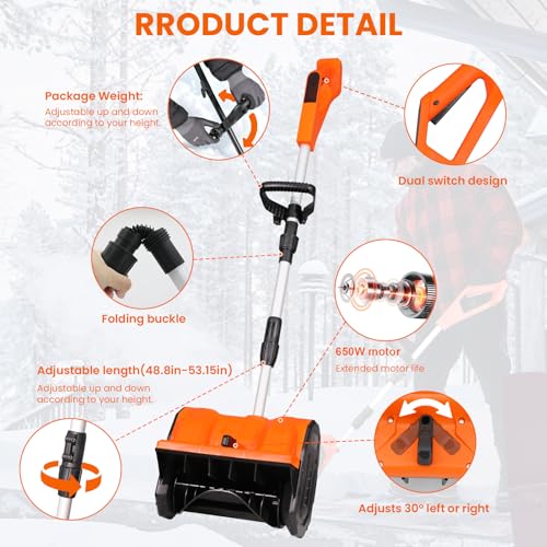 Cordless Snow Shovel 13", 48V 600W, 2×4.0Ah Batteries & Quick Charger, 12" Width 8" Depth, 25FT Throw Electric Snow Blower with Directional Plate & Adjustable Handle for Driveways & Sidewalks(Orange)