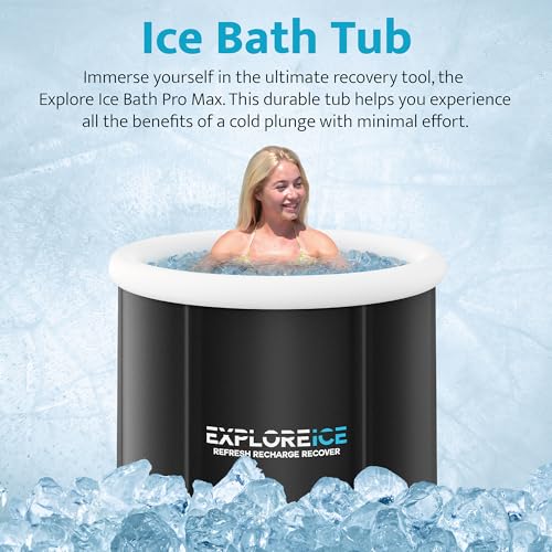 Explore Ice Bath Pro Max Extra Large Outdoor Inflatable Portable Athlete Cold Water Therapy Plunge Barrel Bath Tub with Lid and Carry Bag, Black/White