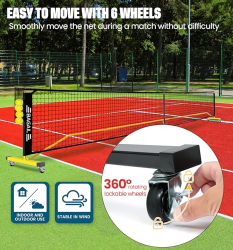 BAGAIL Portable Pickleball Net Set with Wheels, 22 FT Regulation Size & 11 FT Half Court Size 2-in-1 Pickle Ball Net with Ball Collector, Carry Bag, Easy Setup for Outdoor Indoor Driveway - Yellow