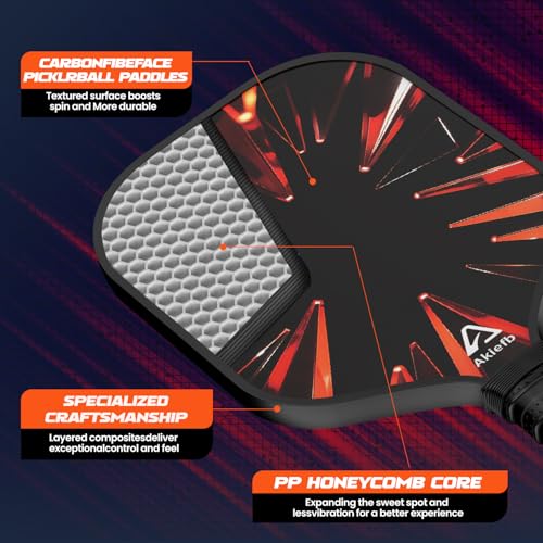 Akiefb Pickleball Paddles, T300 Carbon Fiber Pickleball Paddle with 4 Grip Tapes and a Carry Bag,14mm Polypropylene Honeycomb Core,Ideal Pickleball Training Equipment for Beginners (Flame)