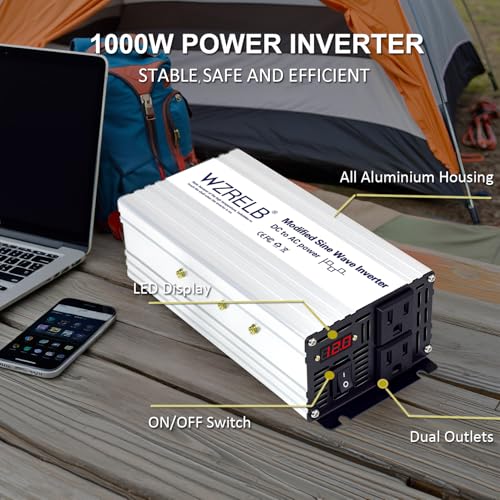 WZRELB 1000W Power Inverter 12V DC to 110V 120V AC,2000W Peak Modified Sine Wave Car Inverter with LED Display,Dual AC Outlets,Soft Starter,Off-Grid Power Converter with High Efficiency up to 90%