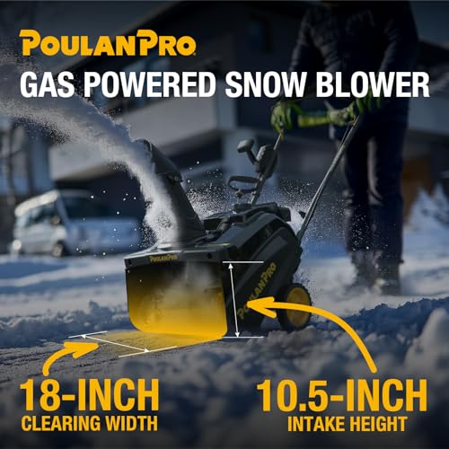 Poulan Pro Snow Blower Gas Powered, Single Stage 18 Inch Gas Snow Thrower with Electric Start, 190° Remote Chute Control, Steel-Reinforced Rubber Auger, Compact, Lightweight Design