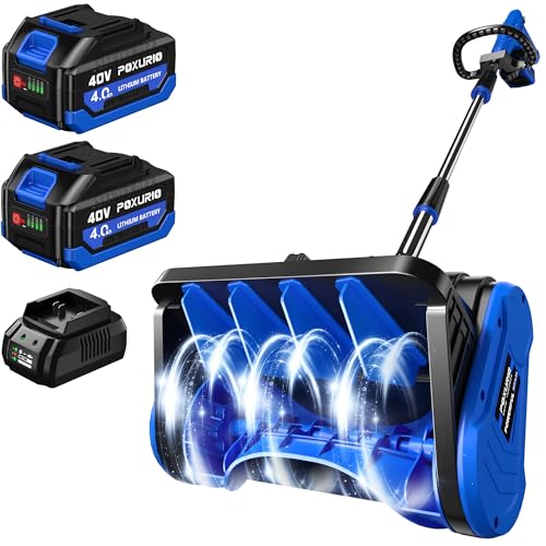 POXURIO 2 * 40V Electric Cordless Snow Shovel, 13 Inch Brushless Electric Snow Blower with 2×4.0Ah Batteries & Fast Charger, 13" Width, 6" Depth, 25FT Throw Distance Snow Shovel for Driveway, Patio