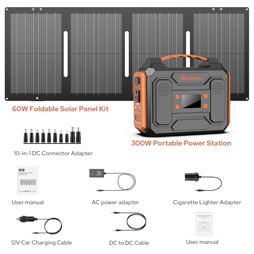 Portable Solar Generator, 300W Portable Power Station with Foldable 60W Solar Panel,110V Pure Sine Wave 280Wh Battery Power Pack with USB DC AC Outlet for Camping Smart Devices RV Van Outdoor-Orange