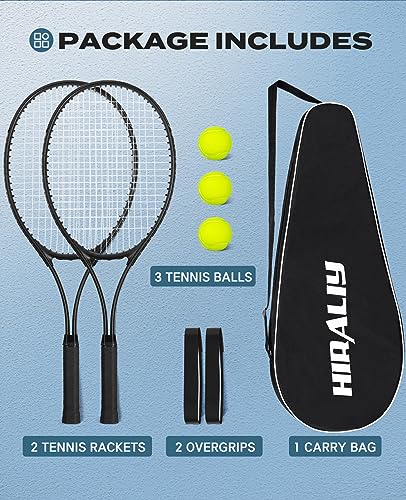 HIRALIY 27" Tennis Rackets Set for Adults,2 Player Pre-Strung Tennis Racquets,2 Overgrip Tapes,3 Balls, and 1 Carrying Bag,Outdoor Recreational Sport for Beginner,Men,Women(Black)